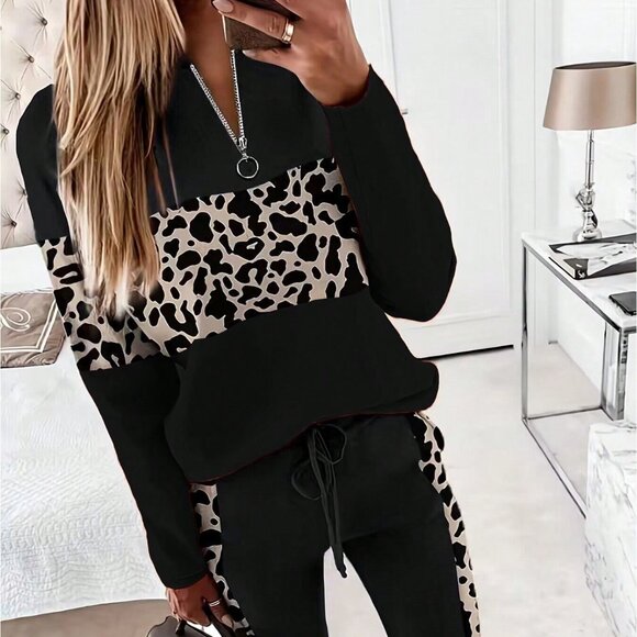 Black Casual Women's Leopard Patchwork Top and Pants Set - Picture 1 of 8